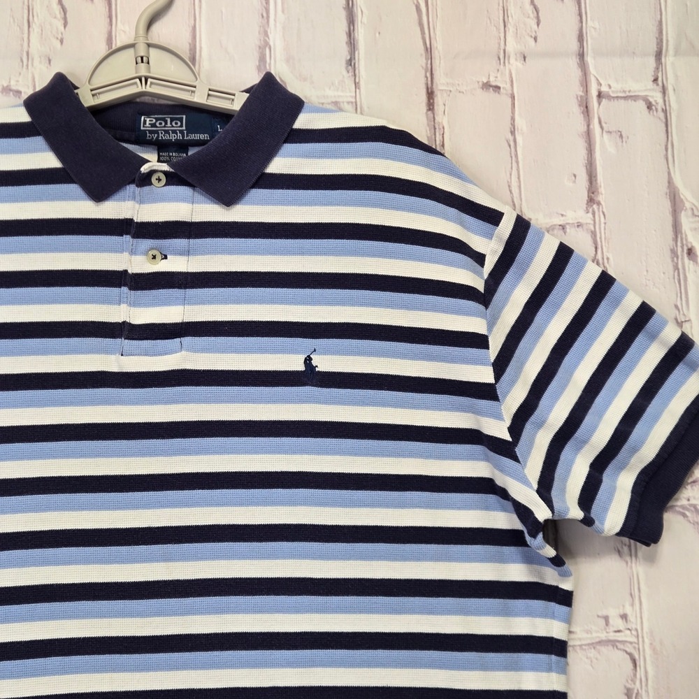 VTG Y2K Polo Ralph Lauren Polo Shirt Blue White Striped Waffle Knit Mens Large